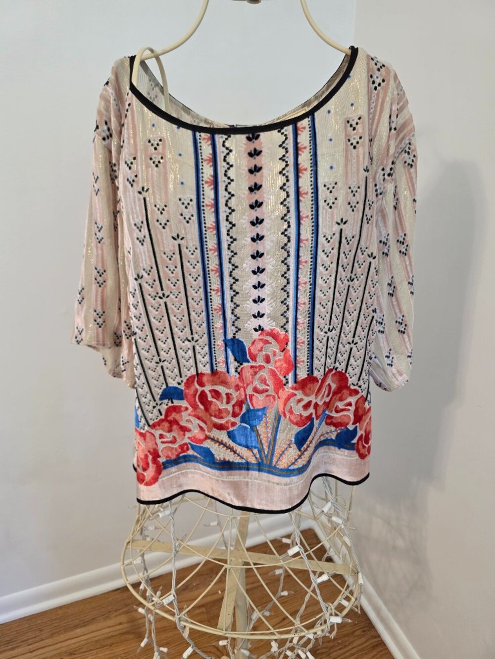 Anthropologie Moulinette Soeurs Flocked Velvet Floral Metallic Stripe Blouse M